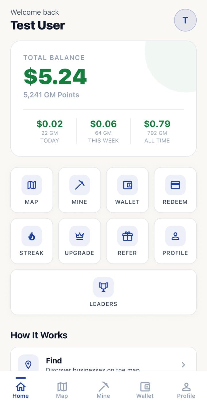 APP — active Earning / Mining screen with live counter